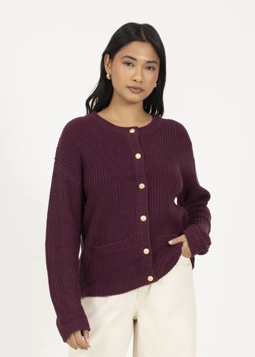Brave Soul Burgundy Round Neck Fisherman Knit Cardigan - XL Image 1