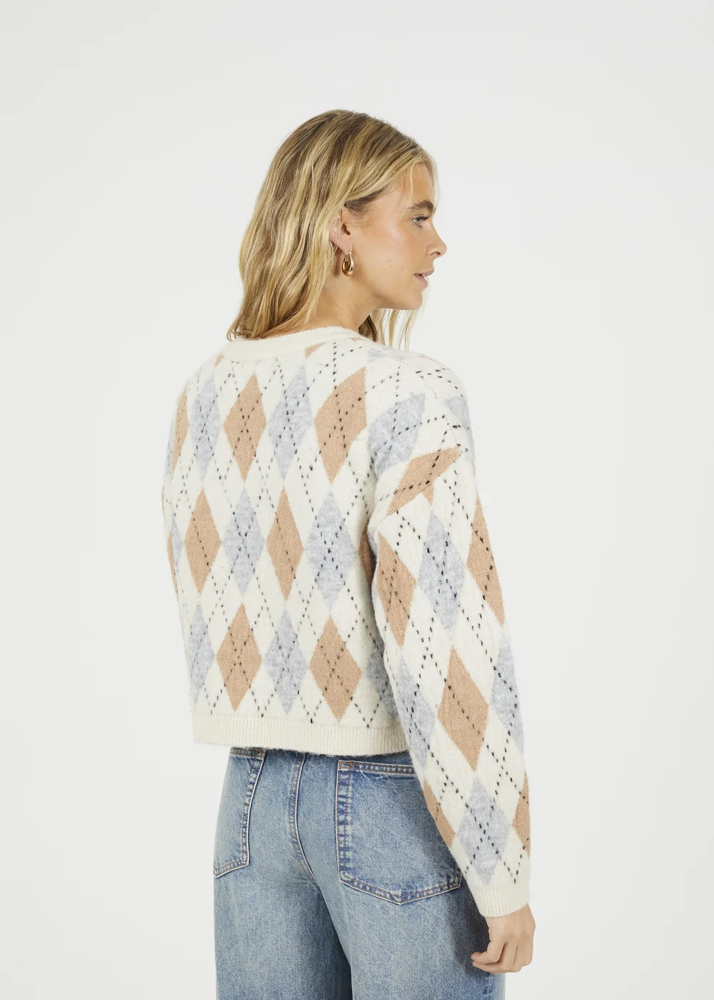 Brave Soul Cream Round Neck Argyle Knit Cardigan - M Image 2