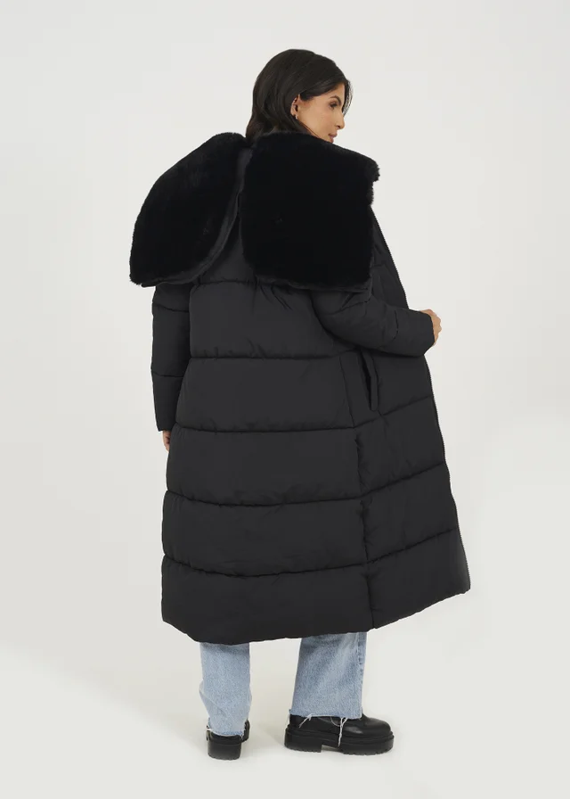 Brave Soul Black Maxi Padded Jacket With Split Hood