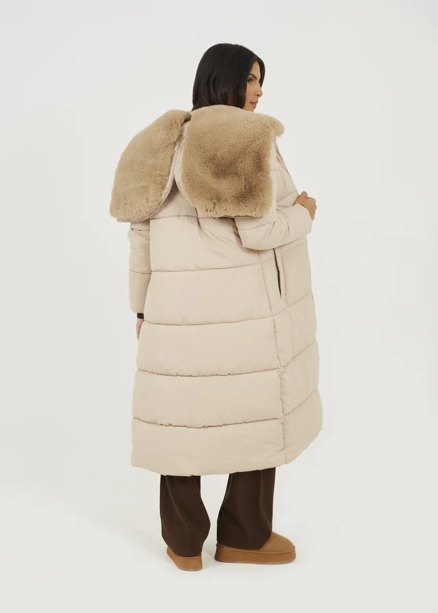 Brave Soul Cream Maxi Padded Jacket With Split Hood