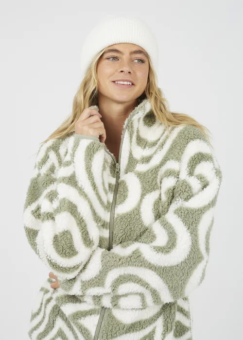 Brave Soul Soft Green Graphic Heart Print Zip Through Sherpa Fleece - XS Image 3