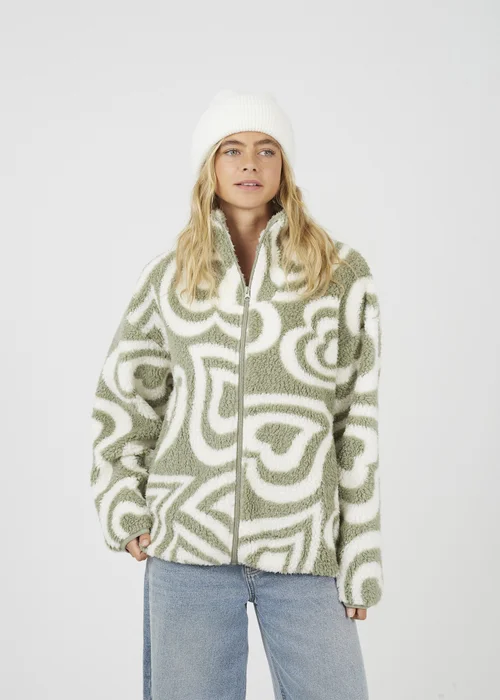 Brave Soul Soft Green Graphic Heart Print Zip Through Sherpa Fleece - XS Image 1