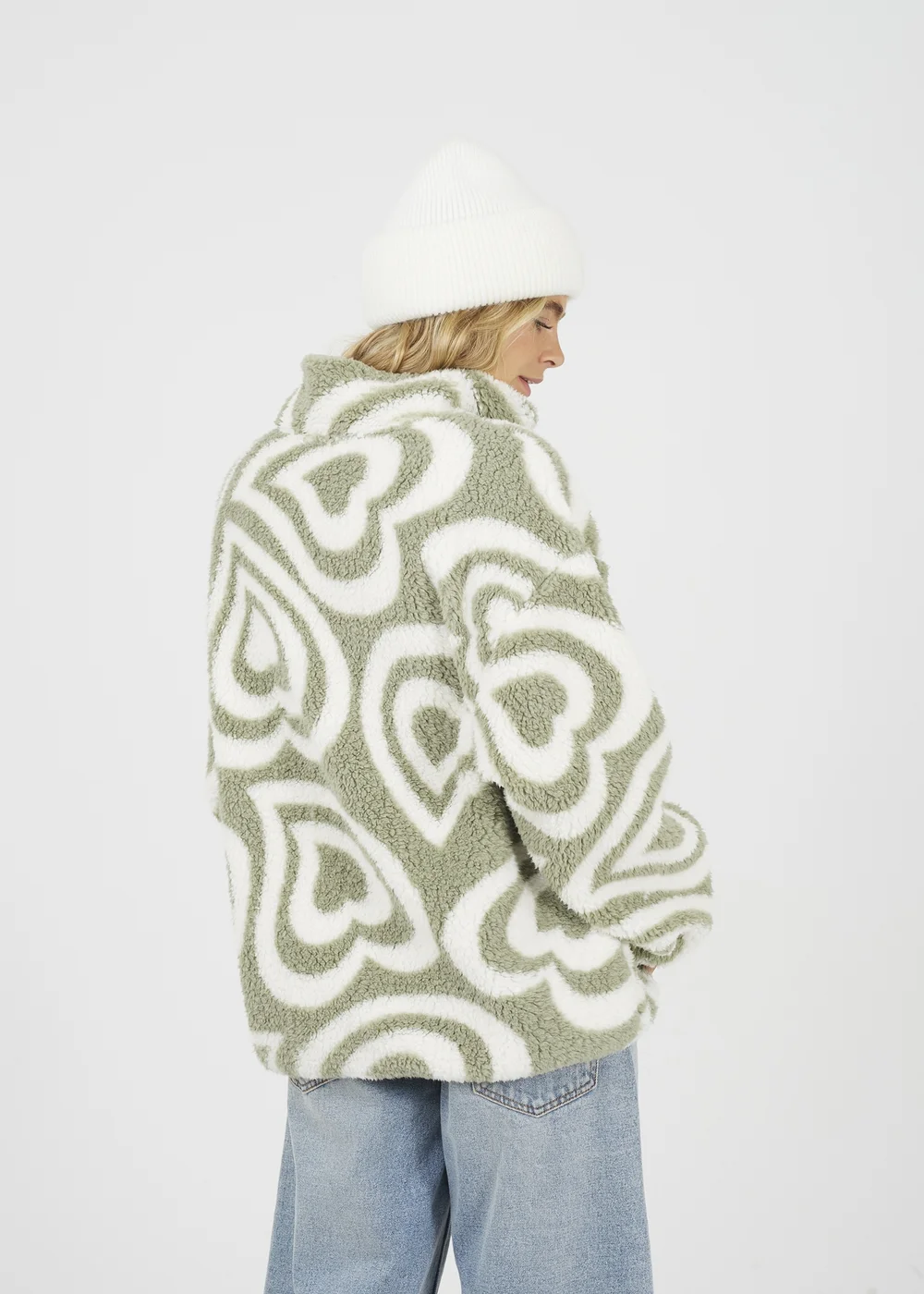 Brave Soul Soft Green Graphic Heart Print Zip Through Sherpa Fleece - XS Image 2