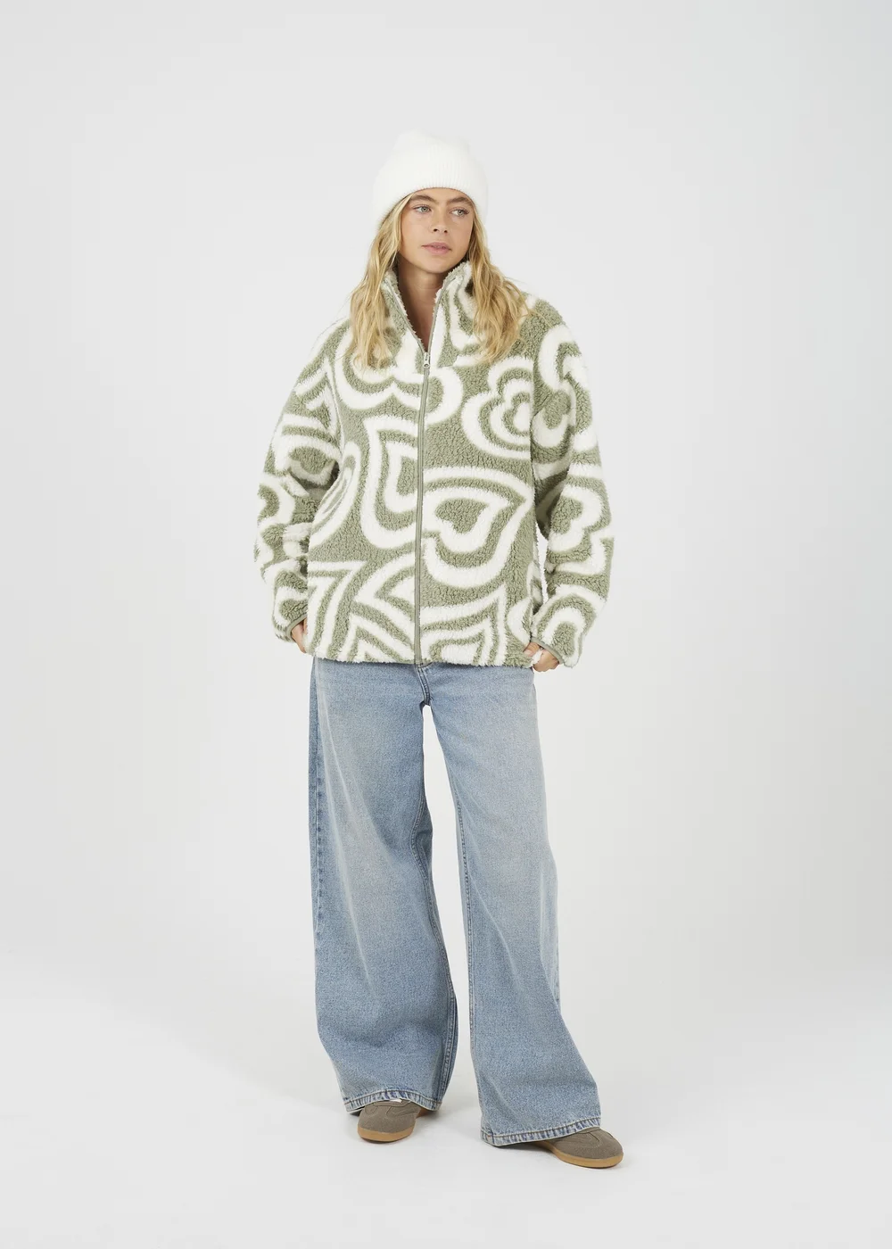 Brave Soul Soft Green Graphic Heart Print Zip Through Sherpa Fleece - XS Image 4