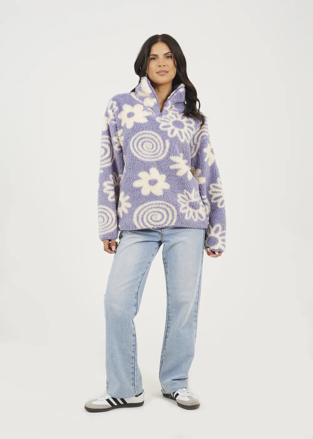 Brave Soul Lilac Quarter Zip Flower Print Sherpa Fleece - XS Image 4