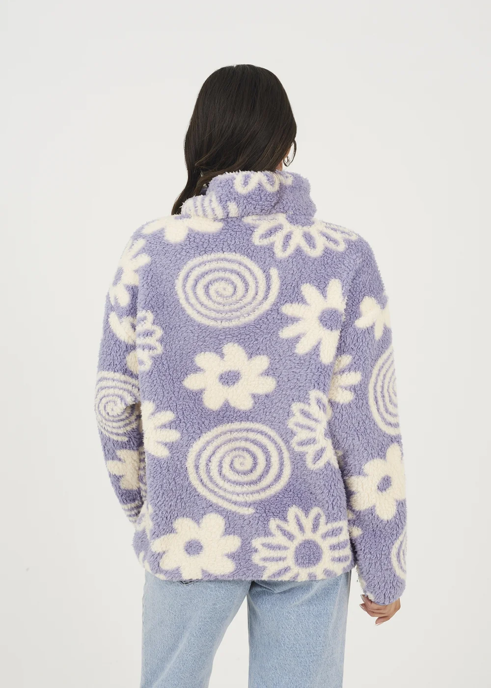 Brave Soul Lilac Quarter Zip Flower Print Sherpa Fleece - XS Image 2