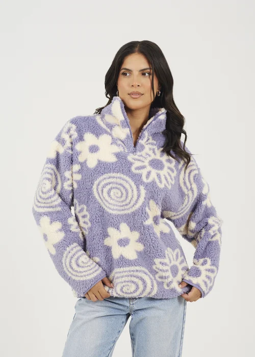 Brave Soul Lilac Quarter Zip Flower Print Sherpa Fleece - XS Image 1