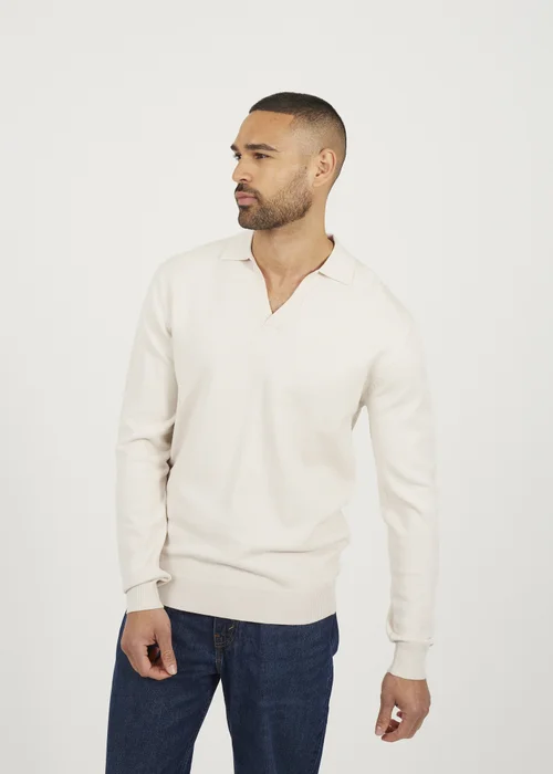 Brave Soul Cream Long Sleeve Trophy Neck Polo - L Image 1