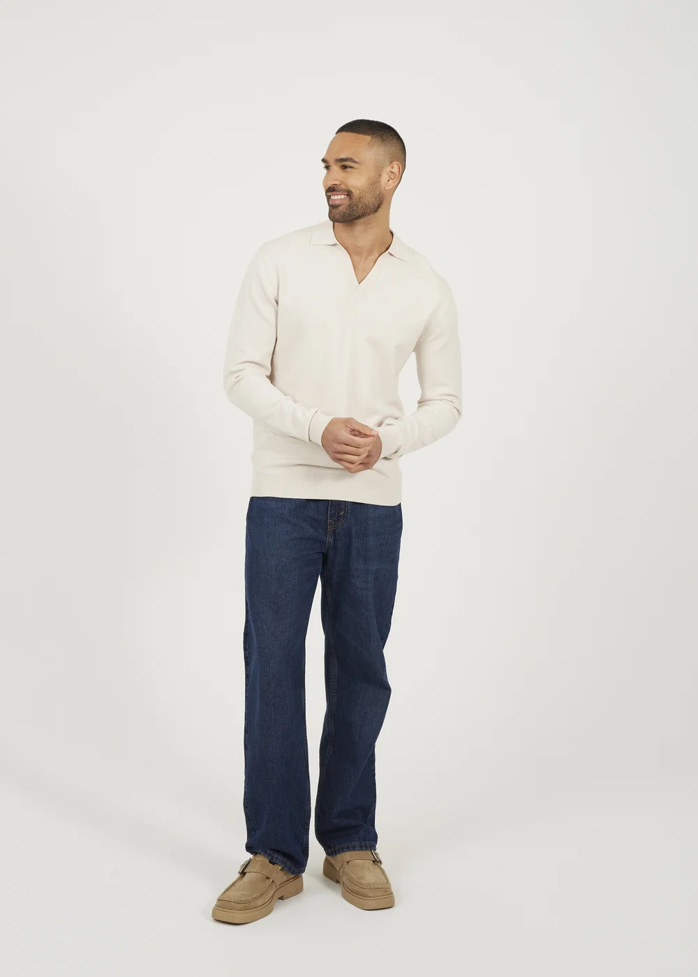 Brave Soul Cream Long Sleeve Trophy Neck Polo - L Image 4