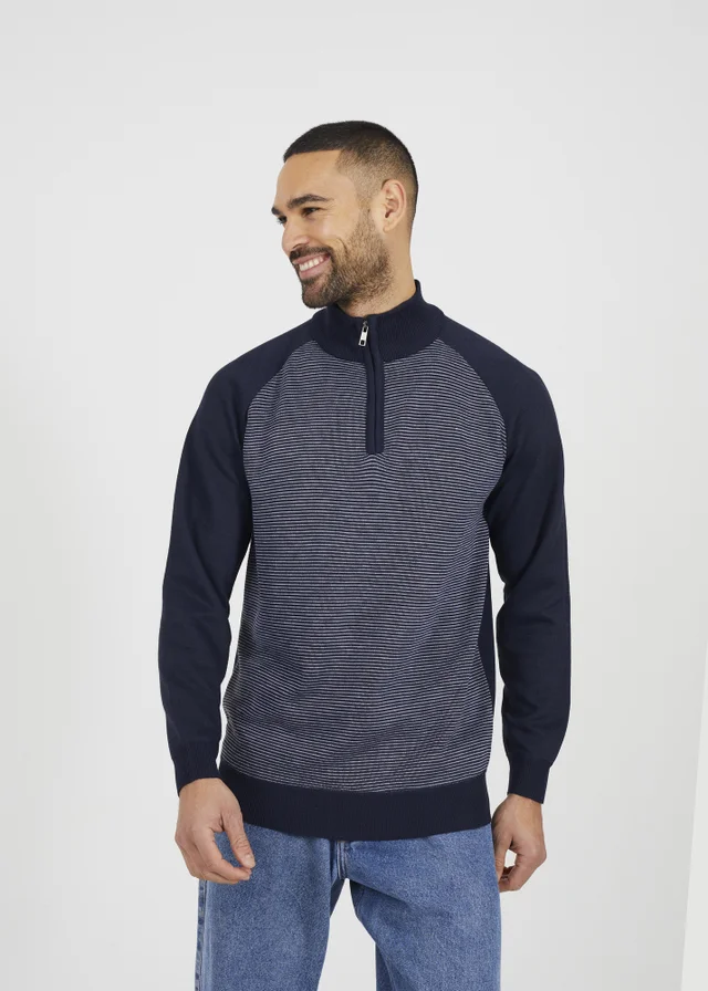 Brave Soul Navy Quarter Zip Funnel Neck Jumper