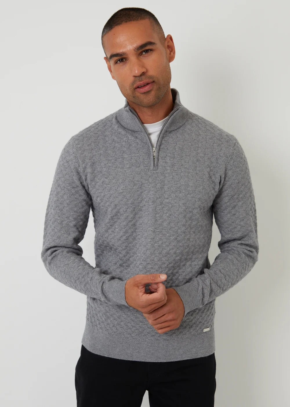 Threadbare Grey Textured Cable Knit Quarter Zip Jumper - XL Image 1
