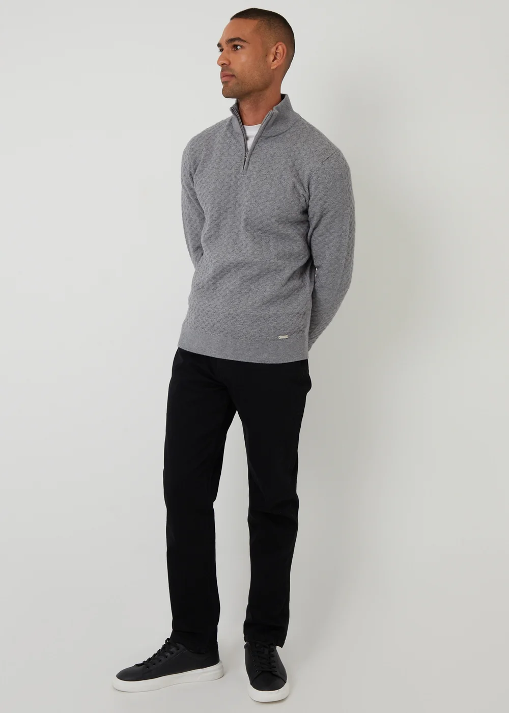 Threadbare Grey Textured Cable Knit Quarter Zip Jumper - XL Image 3