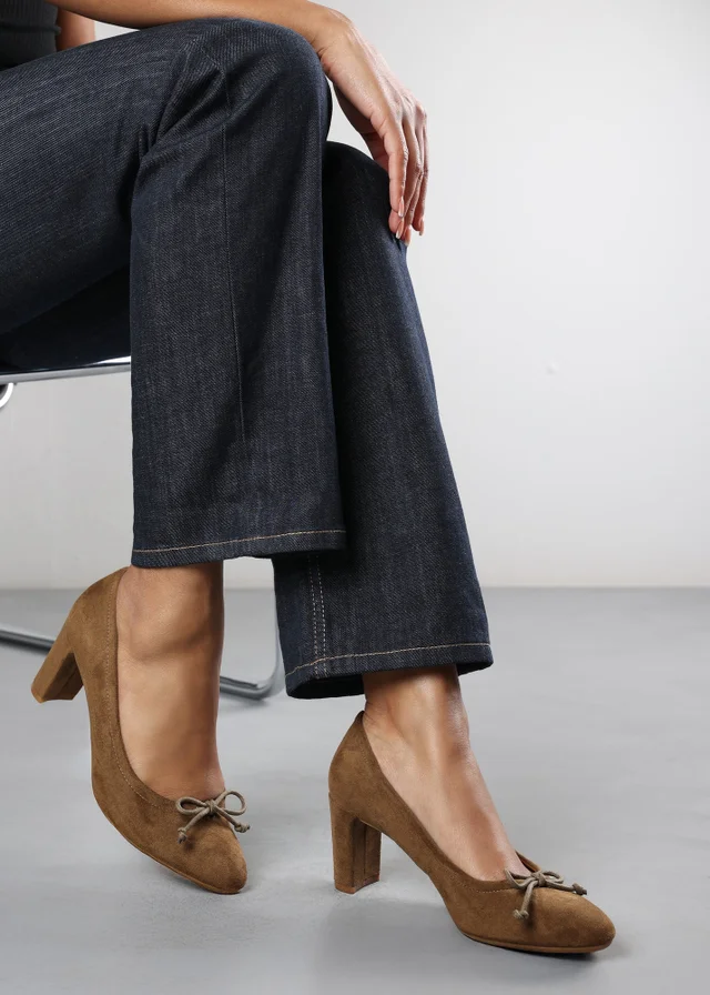 Where's That From Oceana Khaki Faux Suede Block Heel Pumps