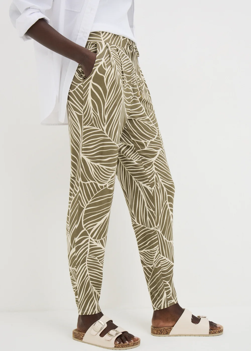 Khaki Leaf Print Harem Trousers - 26 Image 2