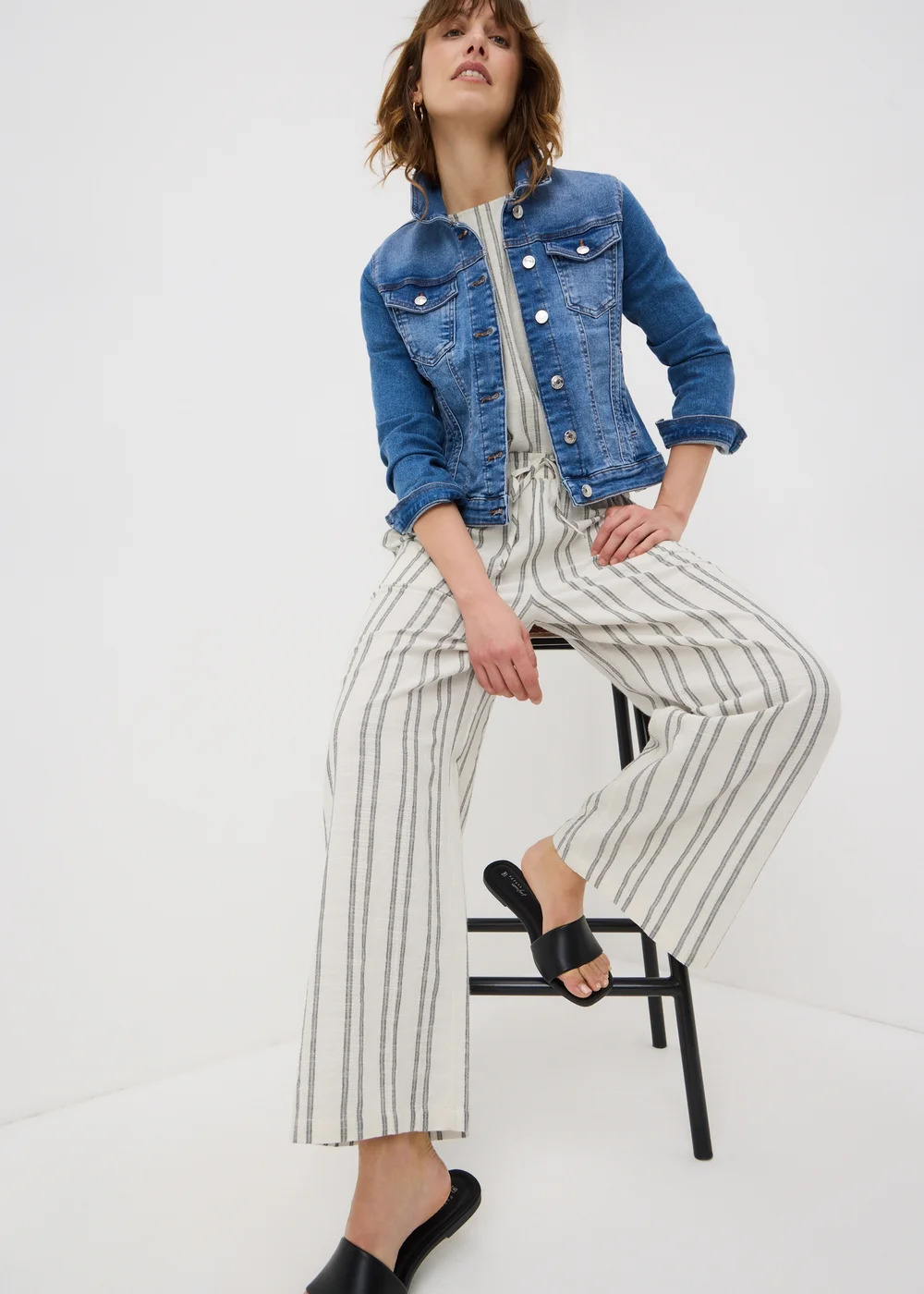Cream Stripe Wide Leg Co Ord Trousers - 18/L31 Image 1