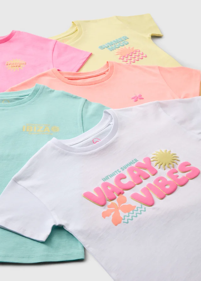 5 Pack Girls Multicolour Vacay Vibes T-Shirt (7-15yrs)