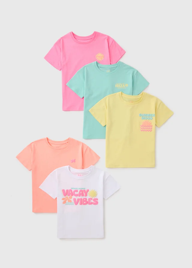 5 Pack Girls Multicolour Vacay Vibes T-Shirt (7-15yrs)