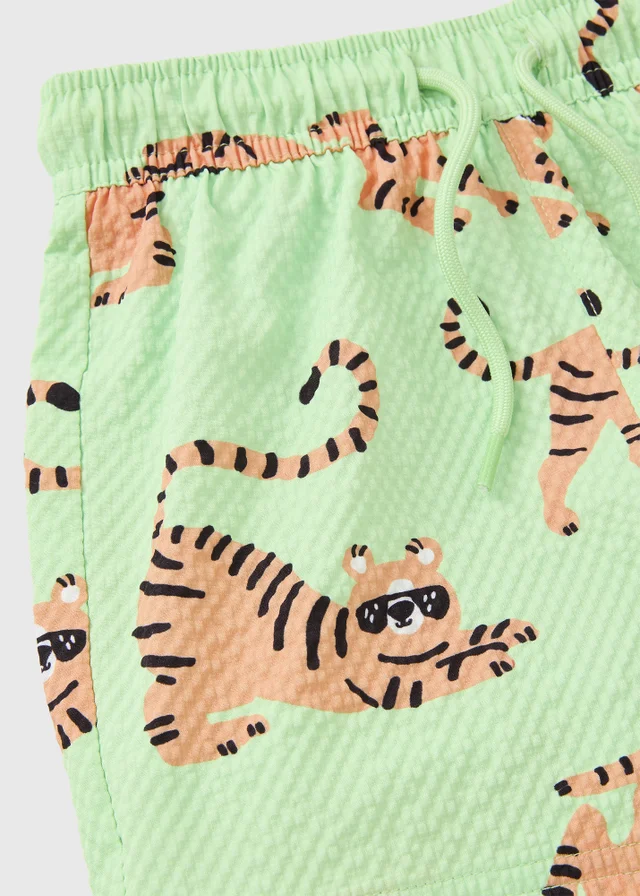 Boys Green Tiger Seersucker Swim Shorts (1-7yrs)
