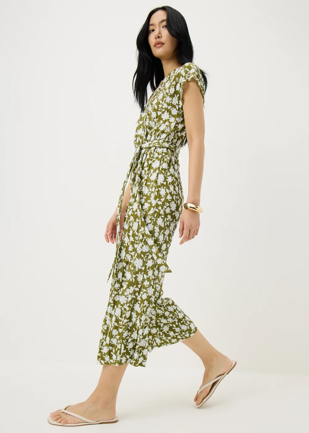 Green Floral Plisse Belted Culotte Jumpsuit - 8 Image 1
