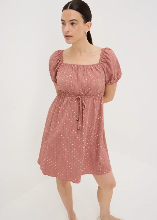 Pink Spot Shirred Tie Waist Mini Dress