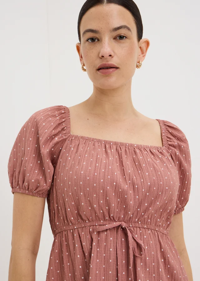 Pink Spot Shirred Tie Waist Mini Dress