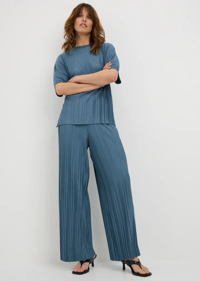 Blue Plisse Wide Leg Co Ord Trousers
