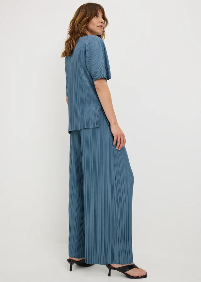 Blue Plisse Wide Leg Co Ord Trousers