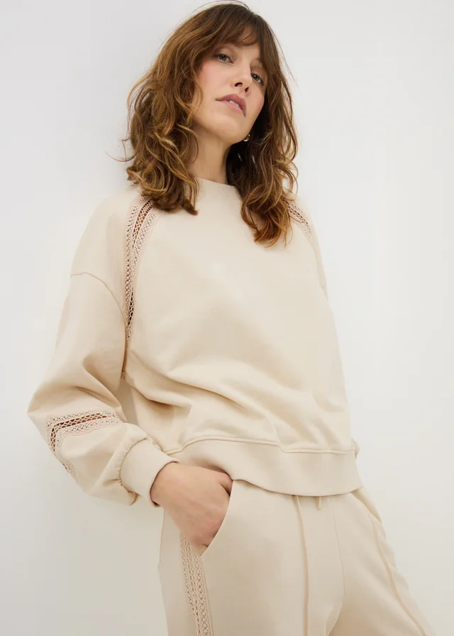 Cream Cutwork Co Ord Sweatshirt