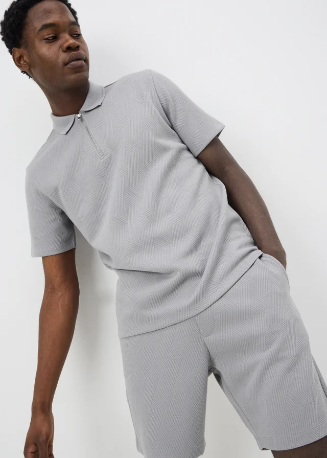 Grey Diamond Texture Co Ord Polo Shirt
