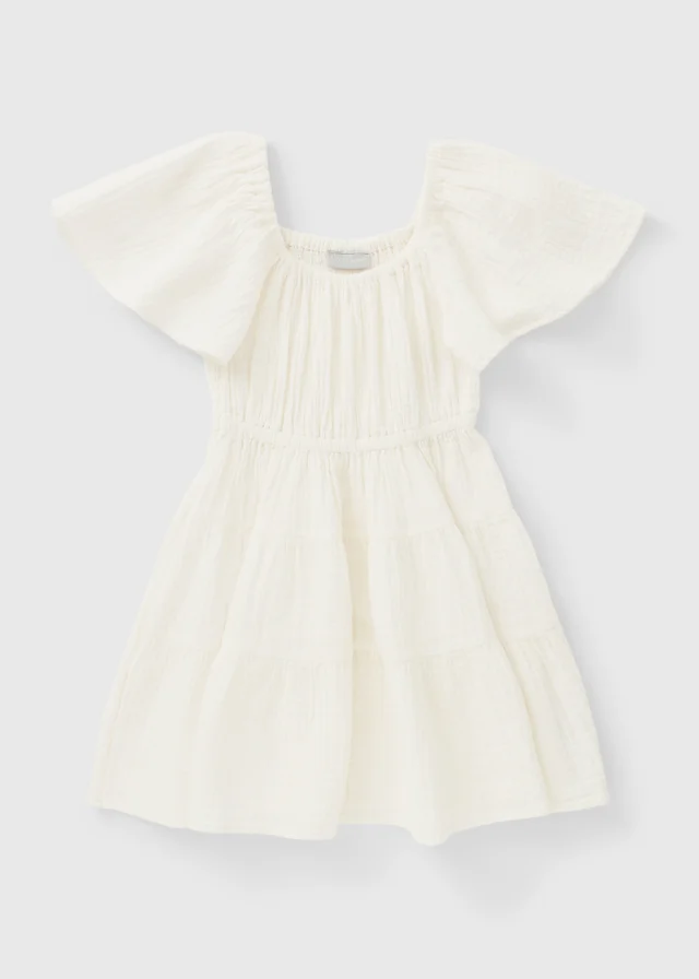 Girls Cream Double Cloth Tiered Dress (7-15yrs)