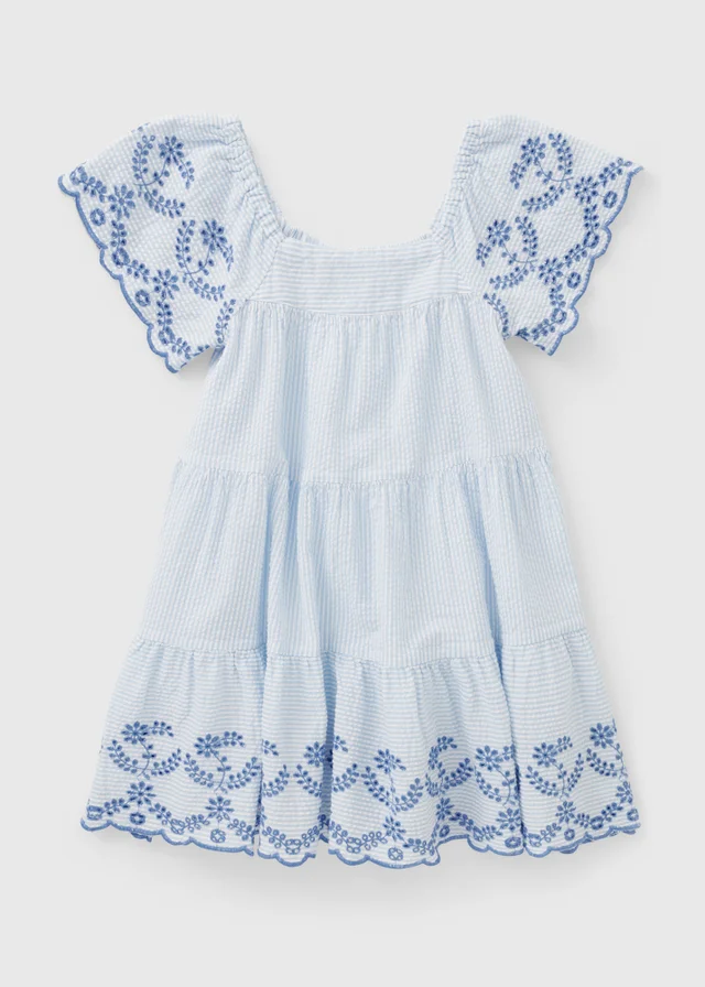 Girls Blue Stripe Broderie Seersucker Dress (7-15yrs)