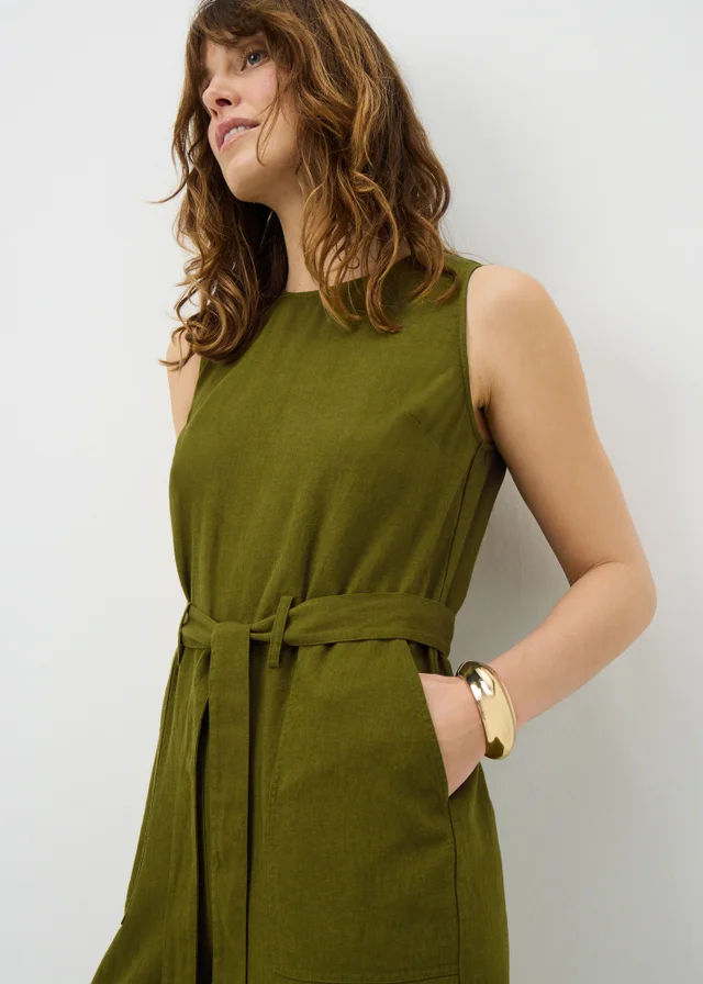 Olive Linen Blend Belted Jumpsuit