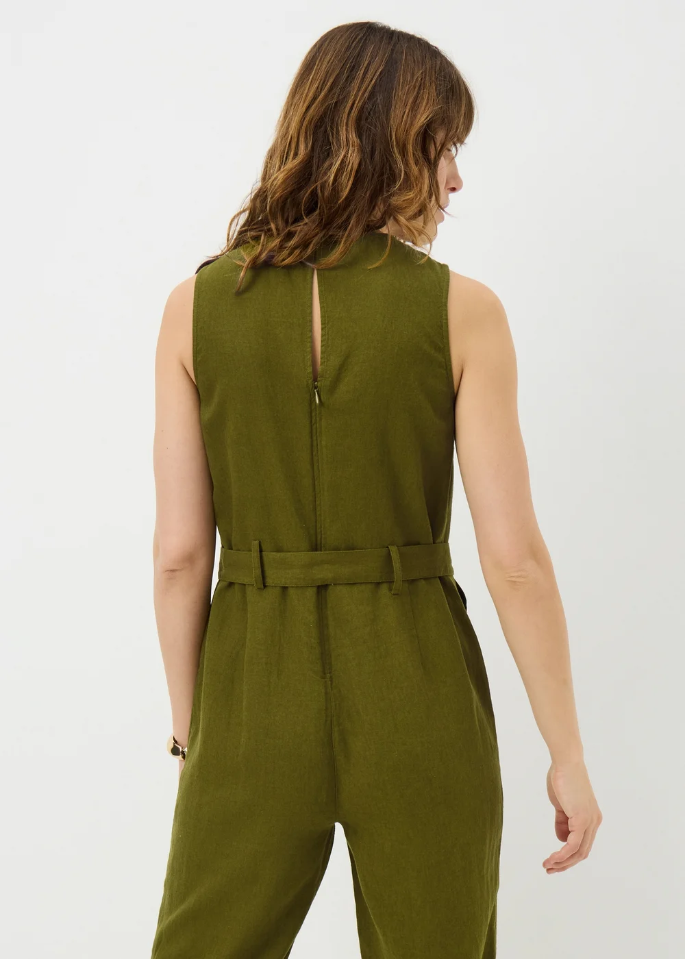 Olive Linen Blend Belted Jumpsuit - Size 8 Image 3