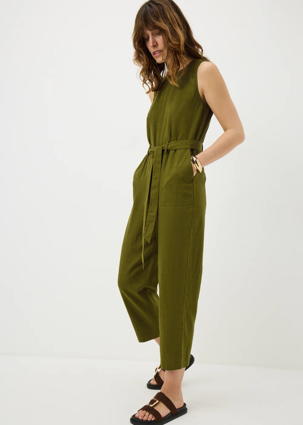 Olive Linen Blend Belted Jumpsuit - Size 8 Image 1