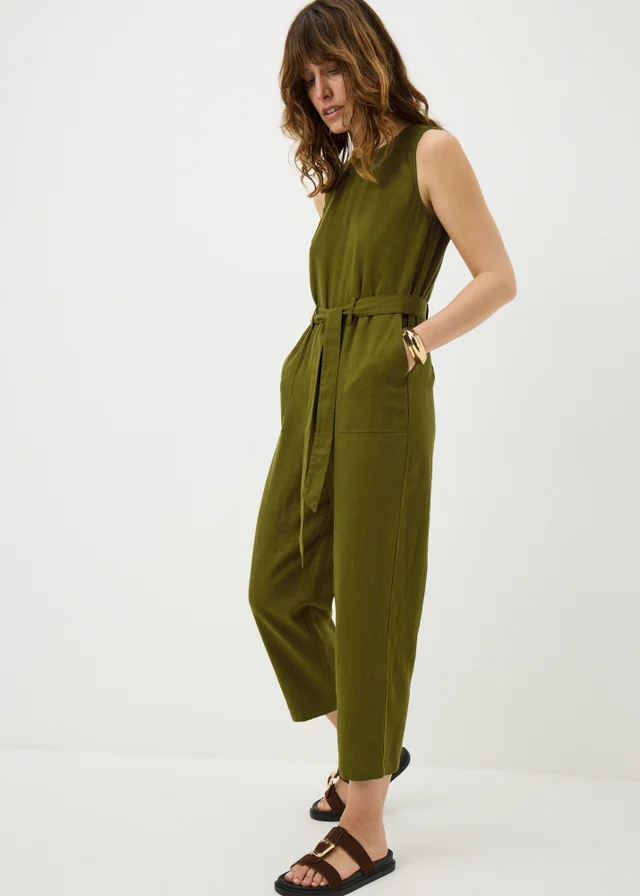 Olive Linen Blend Belted Jumpsuit
