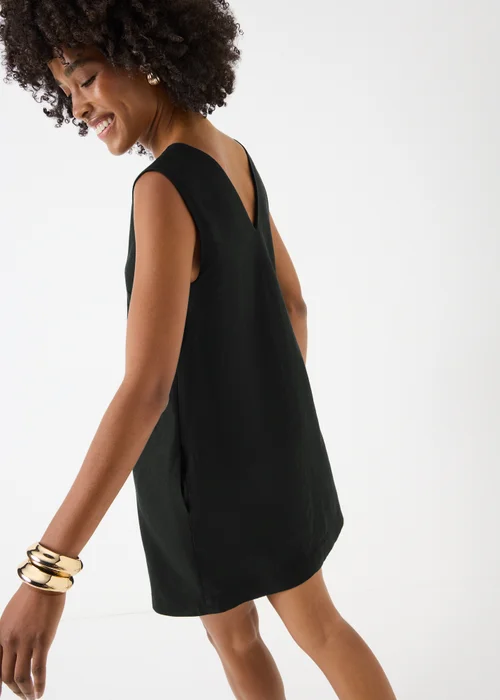 Black V-Neck Linen Rich Mini Dress - Size 8 Image 2