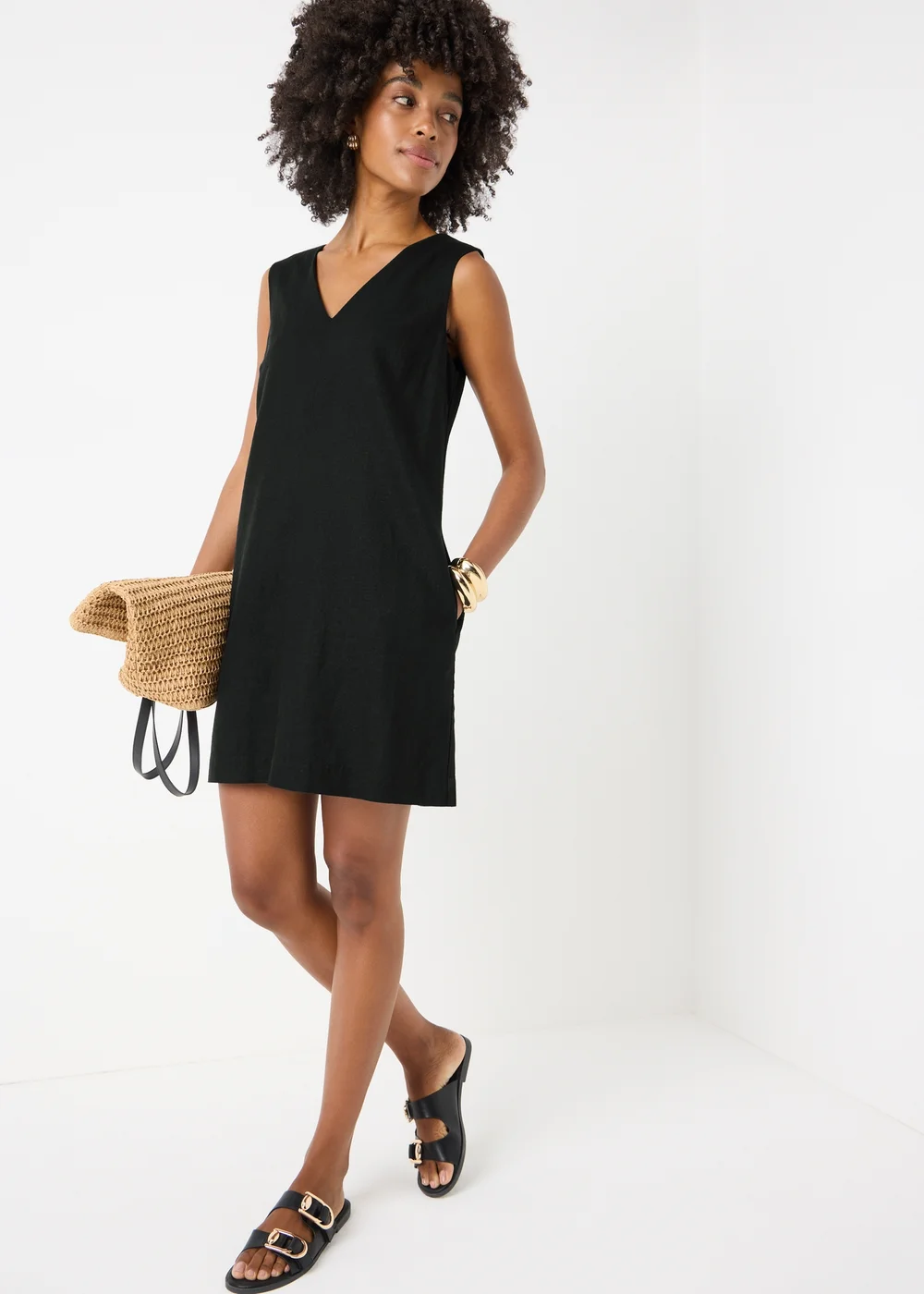 Black V-Neck Linen Rich Mini Dress - Size 8 Image 1