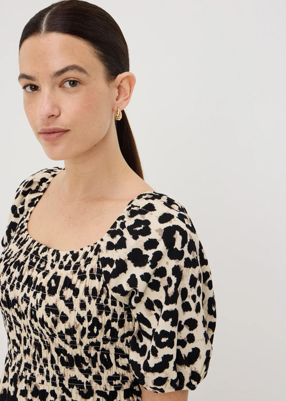 Brown Leopard Print Shirred Midi Dress - 8 Image 2