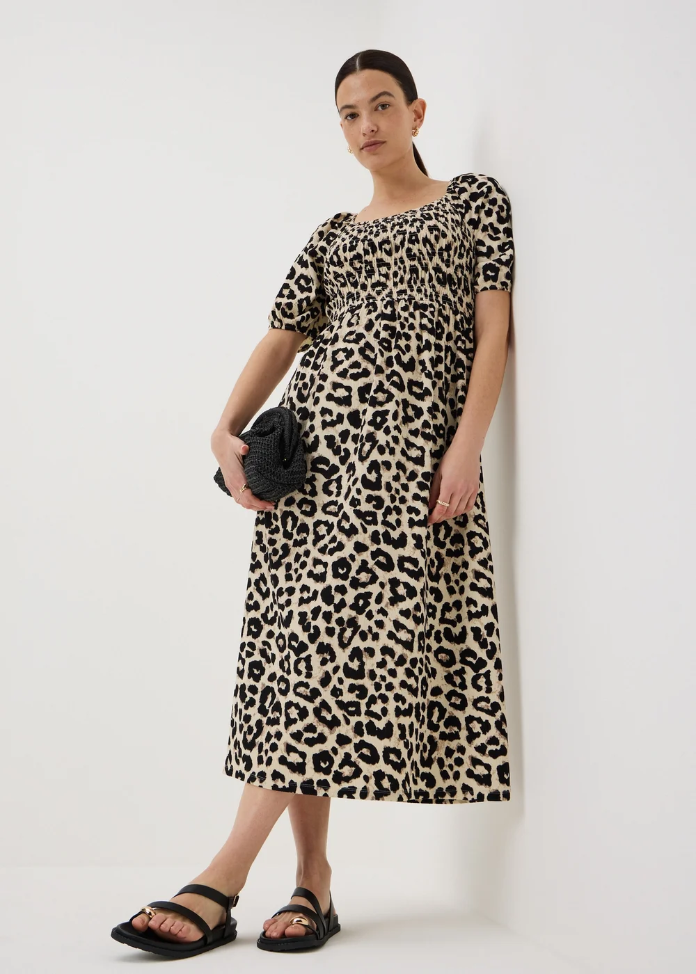 Brown Leopard Print Shirred Midi Dress - 8 Image 1