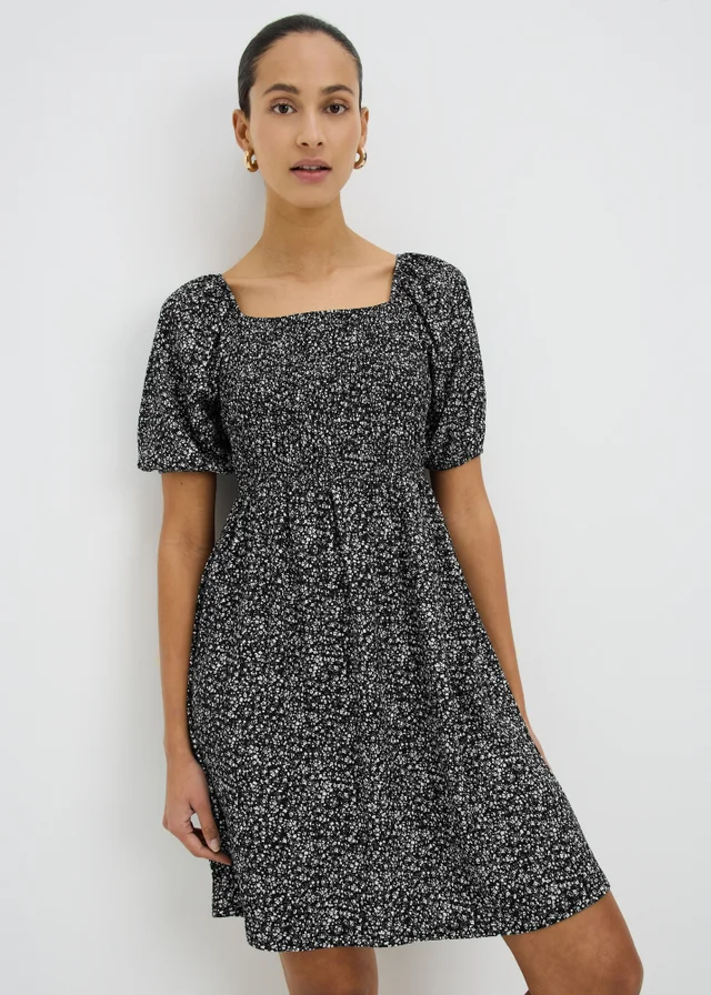 Black Abstract Shirred Mini Dress