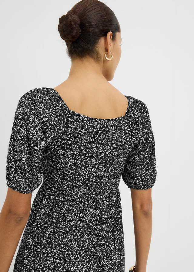 Black Abstract Shirred Mini Dress