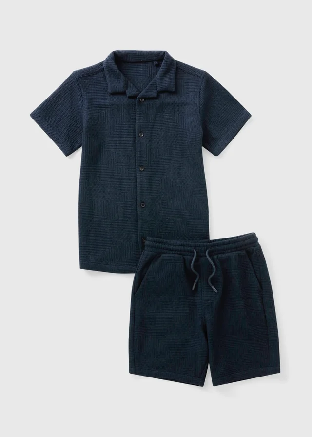 Boys Navy Jacquard Shirt & Short Set (7-15yrs)