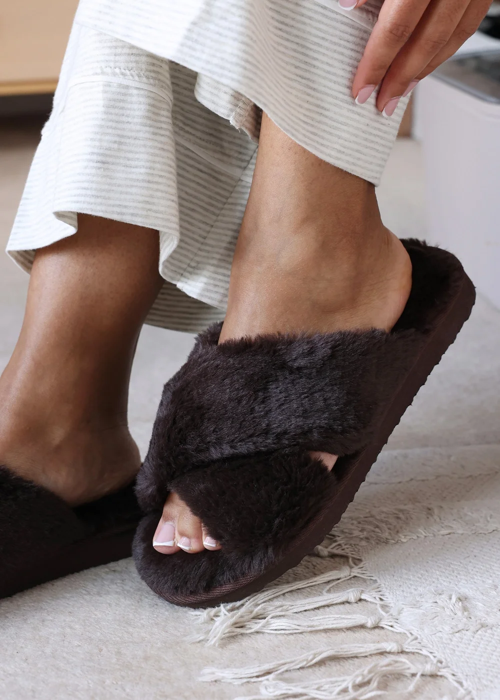 Wheres That From Weekend Brown Cross Over Fluffy Slippers - 5 Image 1