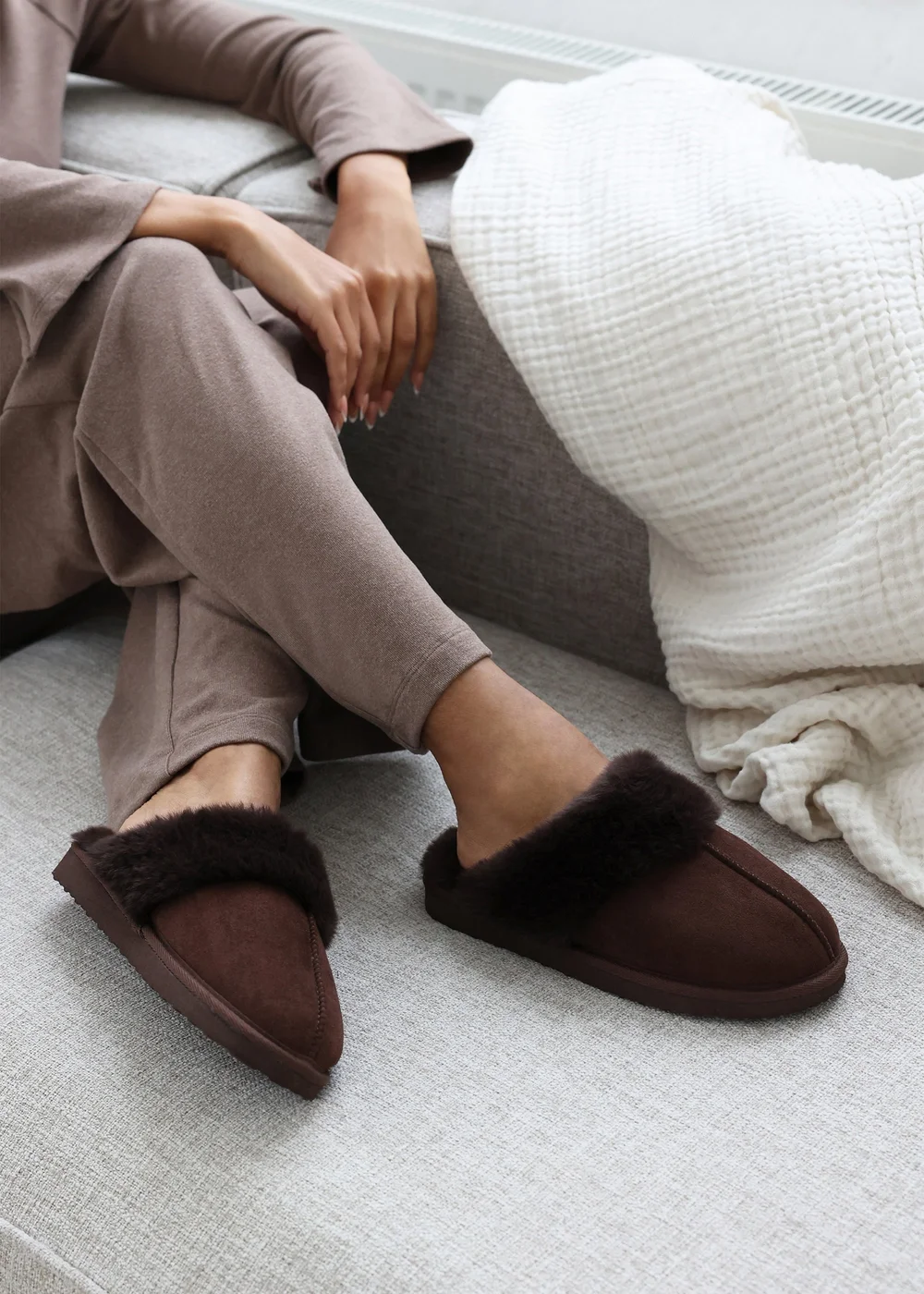 Wheres That From Lounge Brown Faux Suede Fur Trim Slippers - 8 Image 2