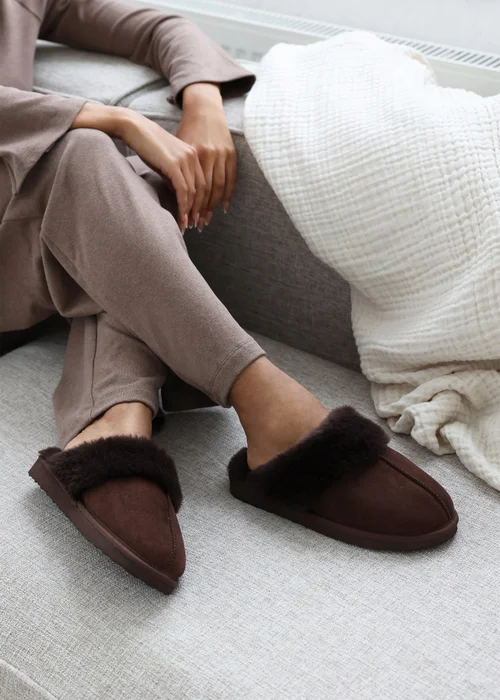 Wheres That From Lounge Brown Faux Suede Fur Trim Slippers - 8 Image 2