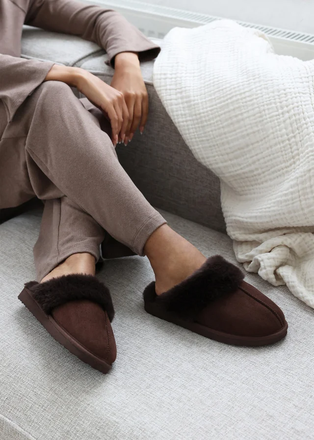Wheres That From Lounge Brown Faux Suede Fur Trim Slippers