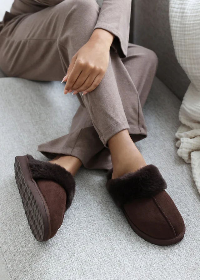 Wheres That From Lounge Brown Faux Suede Fur Trim Slippers