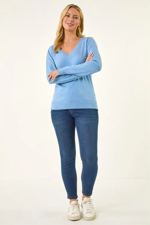 Roman Blue Petite Faux Pearl Embellished Knit Jumper - 16 Image 3