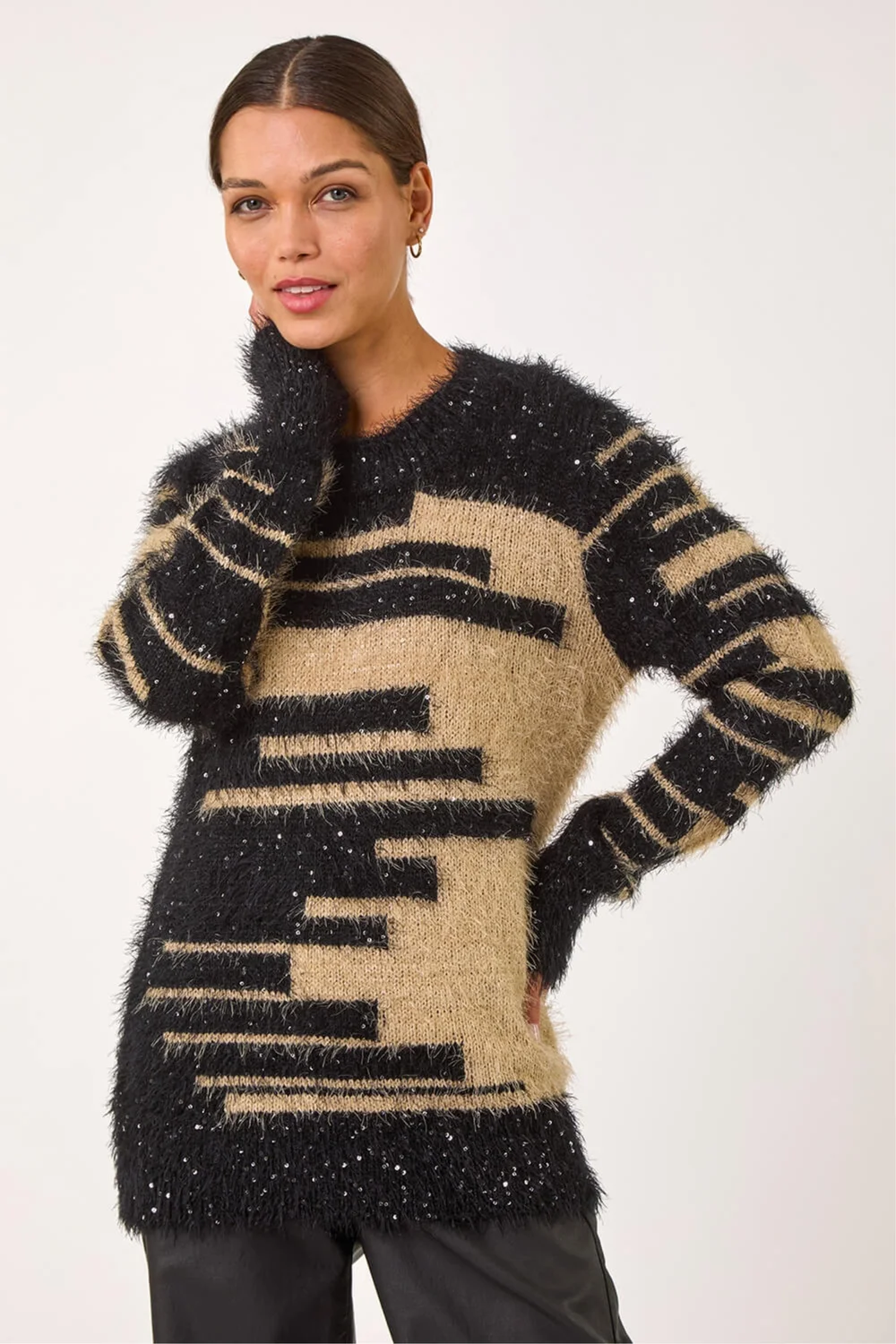 Roman Camel Fluffy Cut Stripe Knit Jumper - 18 Image 2