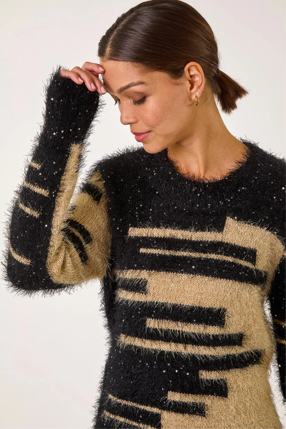 Roman Camel Fluffy Cut Stripe Knit Jumper - 18 Image 1